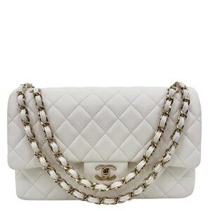 Chanel  Classic Double Flap Quilted Caviar Leather Shoulder Bag White